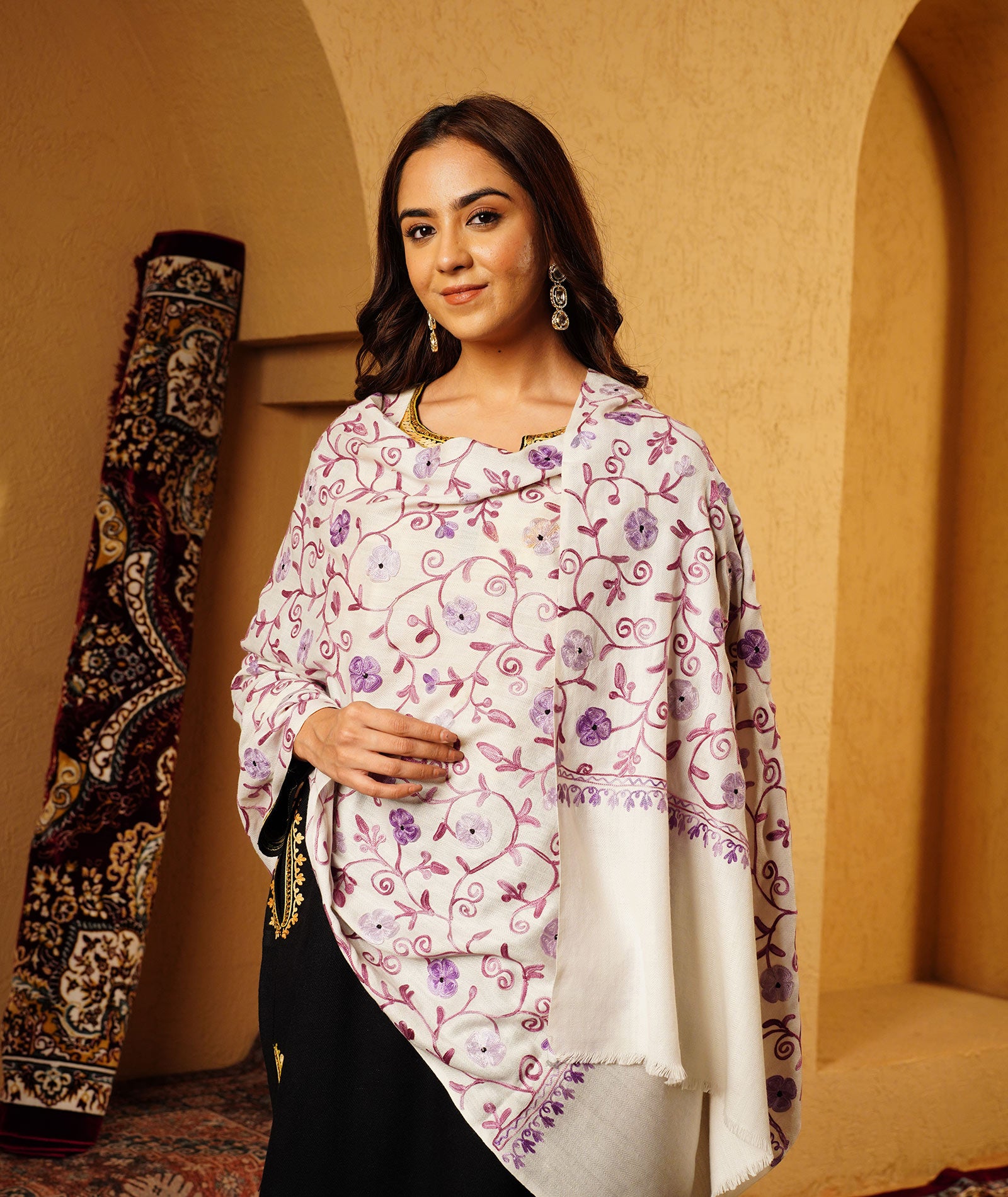 Off White Aari Embroidered Woolen Shawl