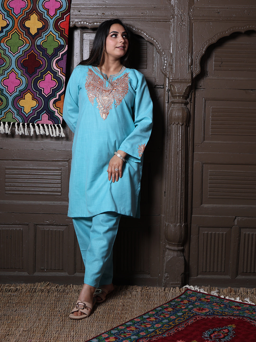 Sky Blue Golden Tilla Embroidered Kashmiri Cotton Co-Ord Set