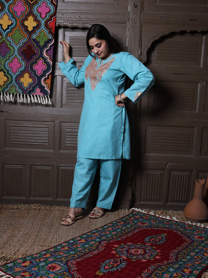 Sky Blue Golden Tilla Embroidered Kashmiri Cotton Co-Ord Set