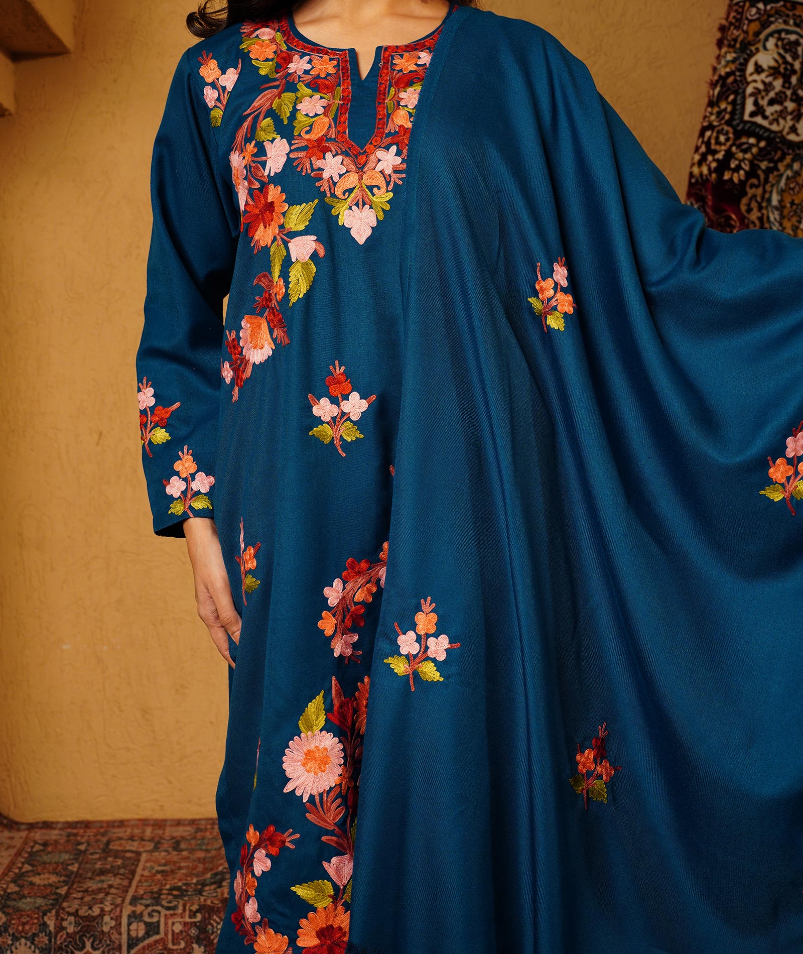 Midnight Blue Aari Embroidered Woolen Suit With Shawl