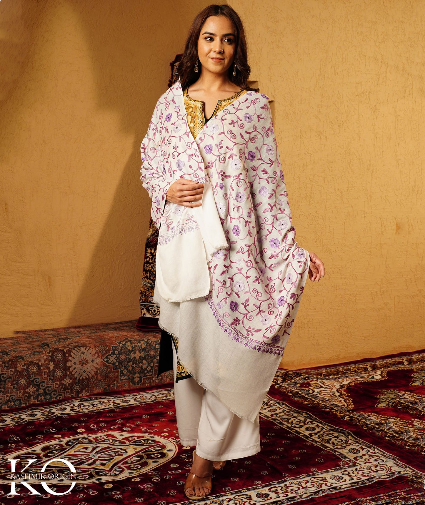Off White Aari Embroidered Woolen Shawl