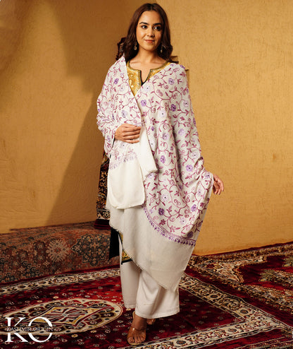 Off White Aari Embroidered Woolen Shawl