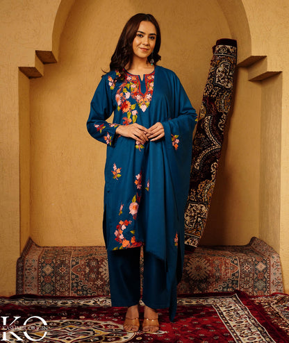 Midnight Blue Aari Embroidered Woolen Suit With Shawl