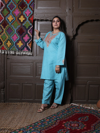 Sky Blue Golden Tilla Embroidered Kashmiri Cotton Co-Ord Set