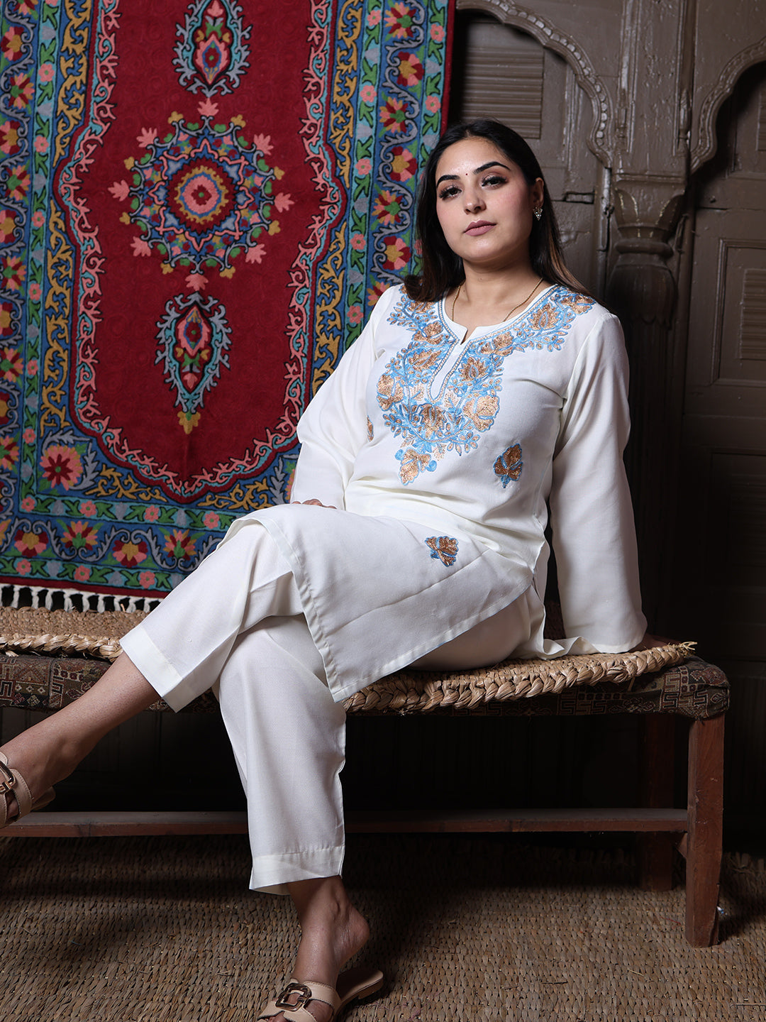 Off-White Aari Blue & Gold Zari Embroidered Kashmiri Cotton Co-Ord Set