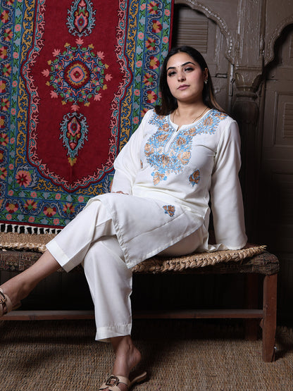 Off-White Aari Blue & Gold Zari Embroidered Kashmiri Cotton Co-Ord Set