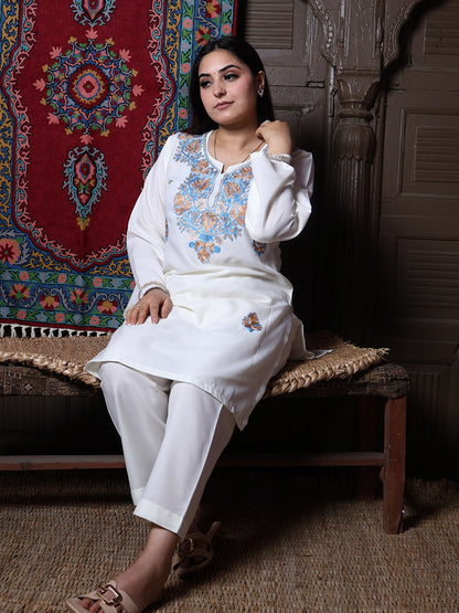 Off-White Aari Blue & Gold Zari Embroidered Kashmiri Cotton Co-Ord Set