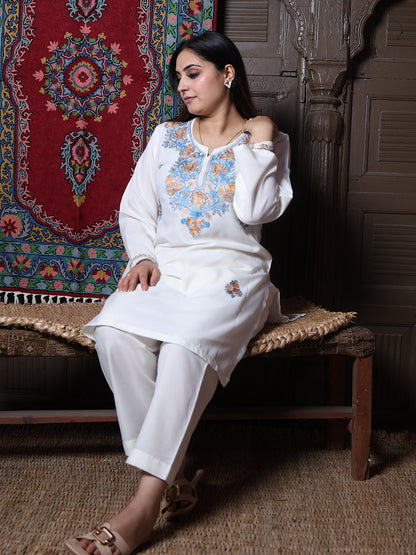Off-White Aari Blue & Gold Zari Embroidered Kashmiri Cotton Co-Ord Set