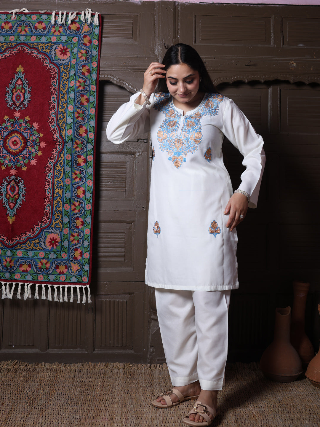 Off-White Aari Blue & Gold Zari Embroidered Kashmiri Cotton Co-Ord Set