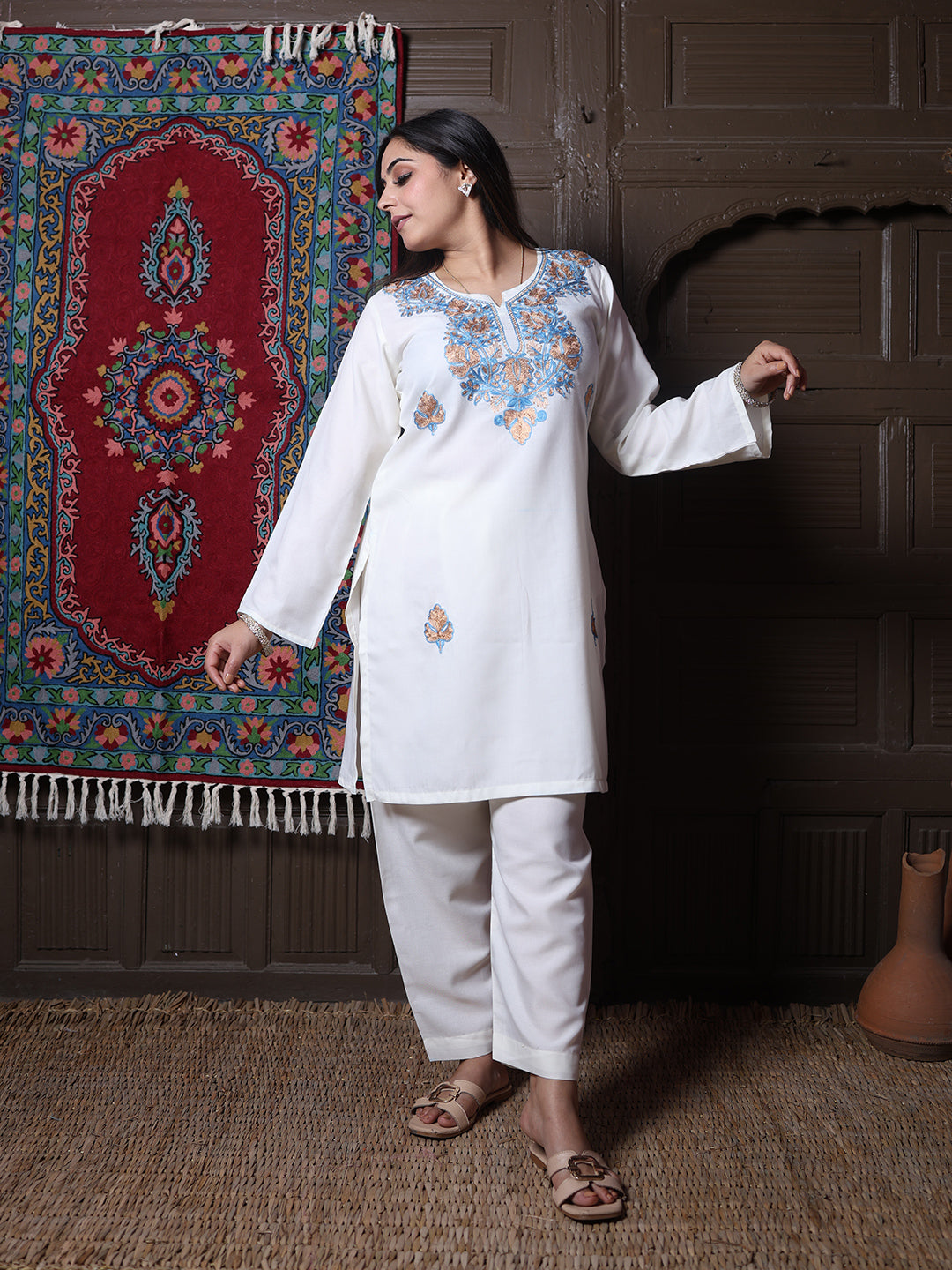 Off-White Aari Blue & Gold Zari Embroidered Kashmiri Cotton Co-Ord Set