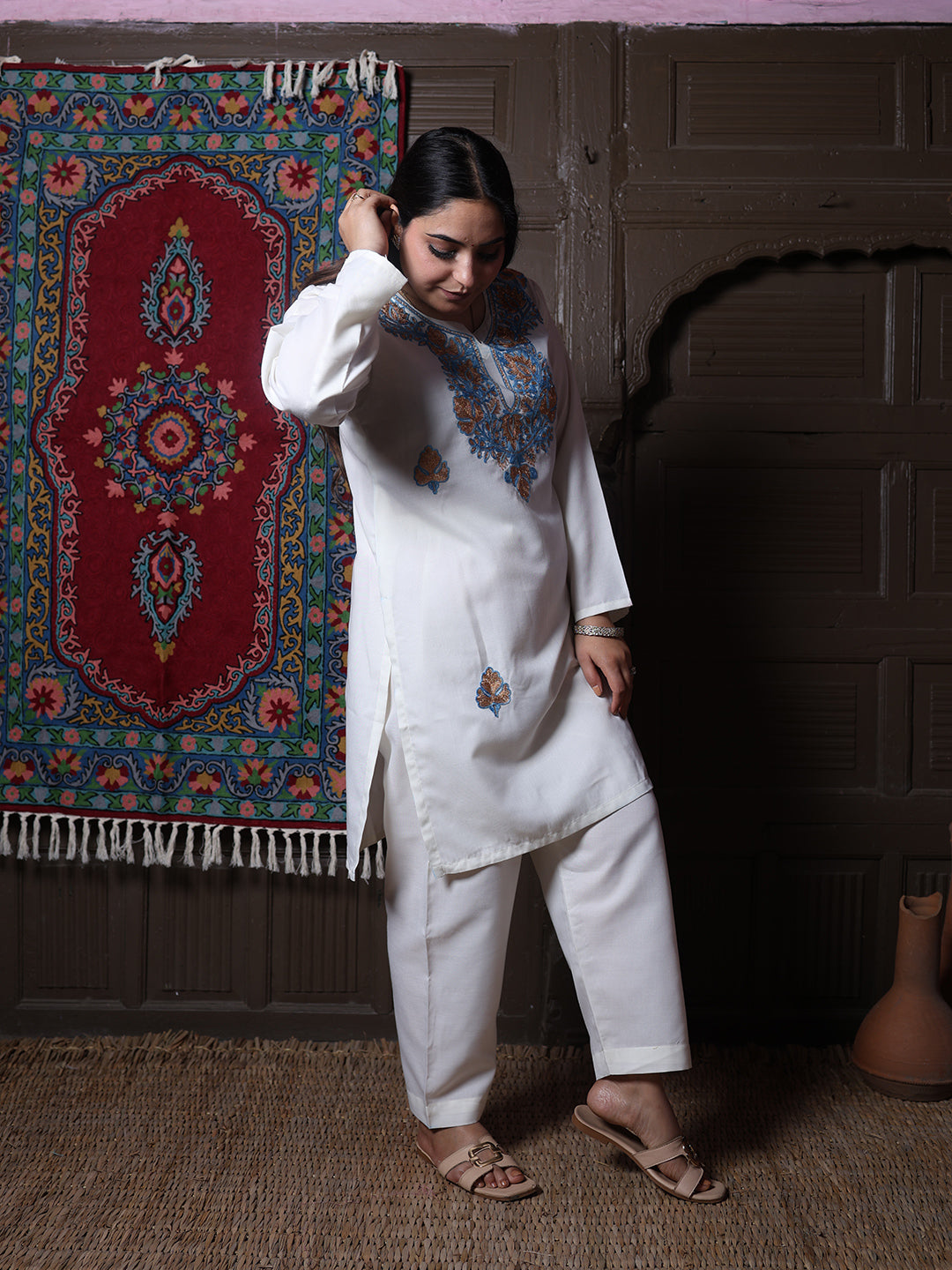 Off-White Aari Blue & Gold Zari Embroidered Kashmiri Cotton Co-Ord Set