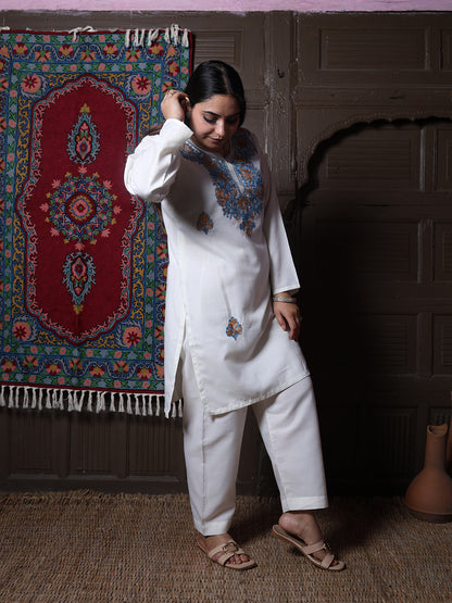 Off-White Aari Blue & Gold Zari Embroidered Kashmiri Cotton Co-Ord Set