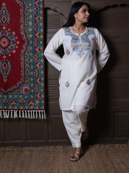 Off-White Aari Blue & Gold Zari Embroidered Kashmiri Cotton Co-Ord Set