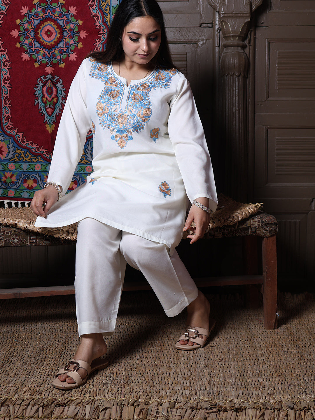 Off-White Aari Blue & Gold Zari Embroidered Kashmiri Cotton Co-Ord Set