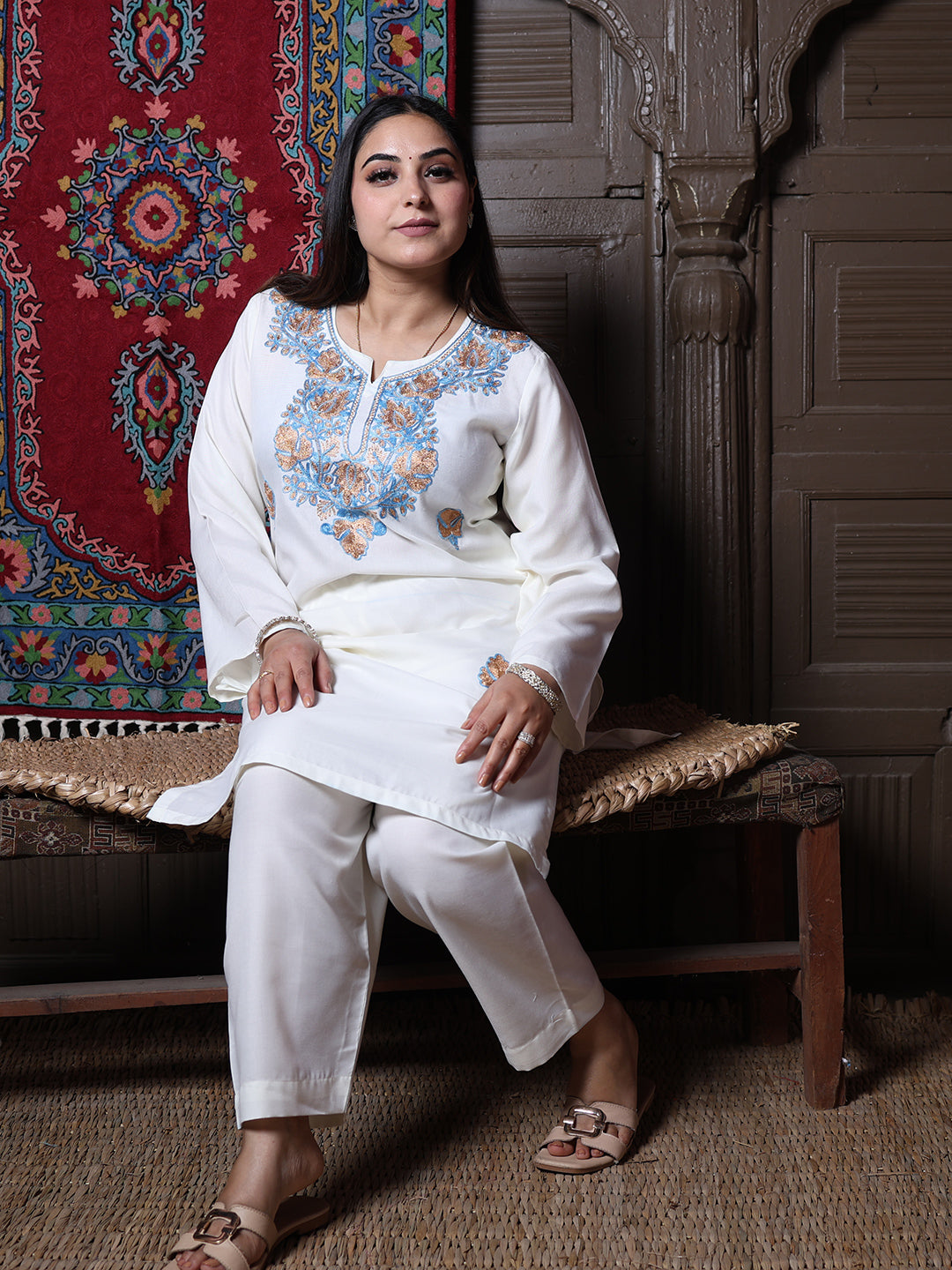 Off-White Aari Blue & Gold Zari Embroidered Kashmiri Cotton Co-Ord Set