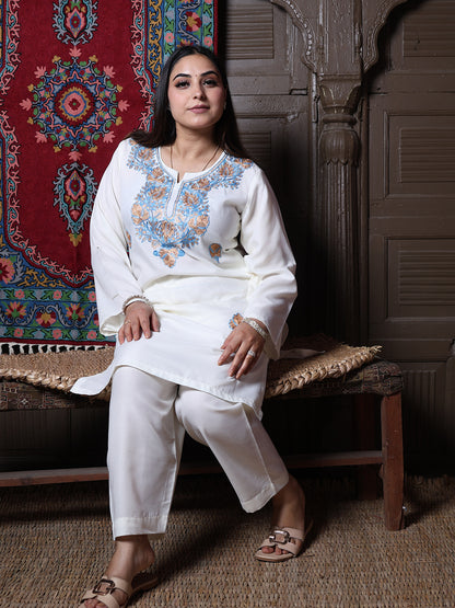 Off-White Aari Blue & Gold Zari Embroidered Kashmiri Cotton Co-Ord Set