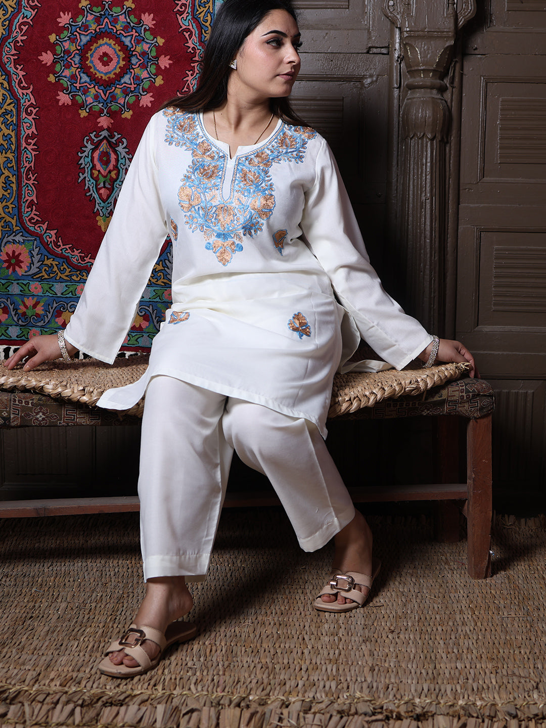 Off-White Aari Blue & Gold Zari Embroidered Kashmiri Cotton Co-Ord Set