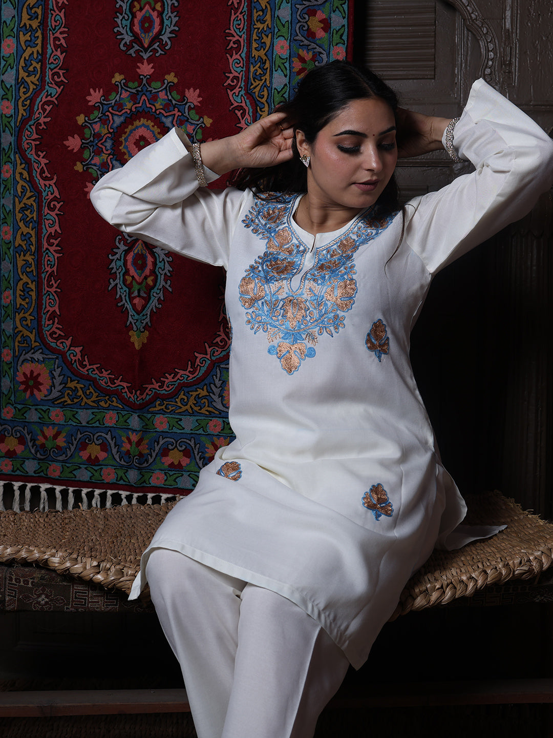 Off-White Aari Blue & Gold Zari Embroidered Kashmiri Cotton Co-Ord Set