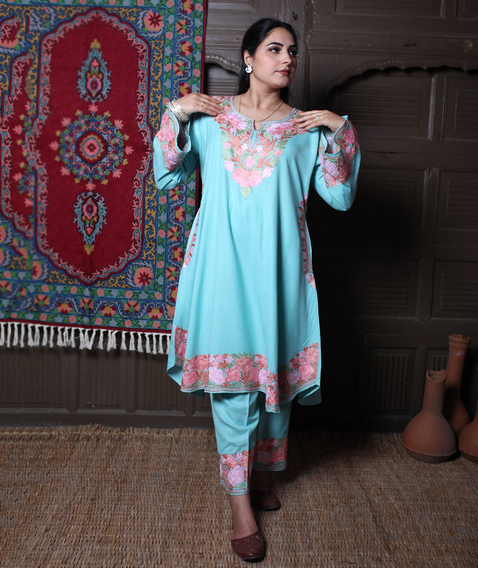 women wear aqua coord set summer
