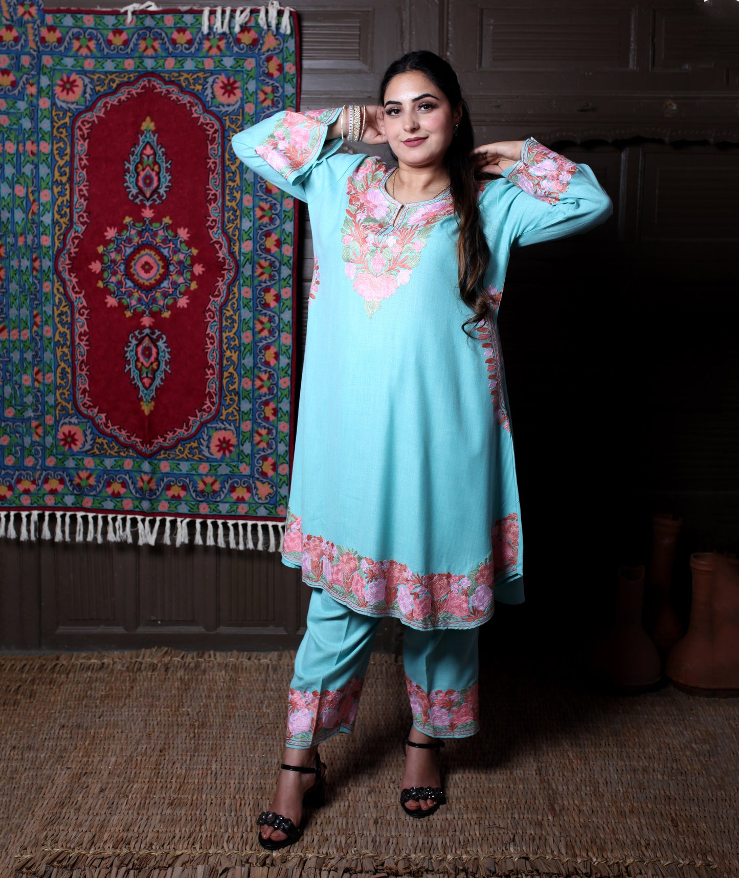 women wear aqua coord set summer