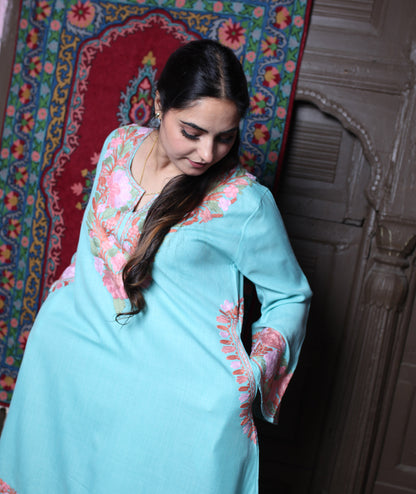women wear aqua coord set summer
