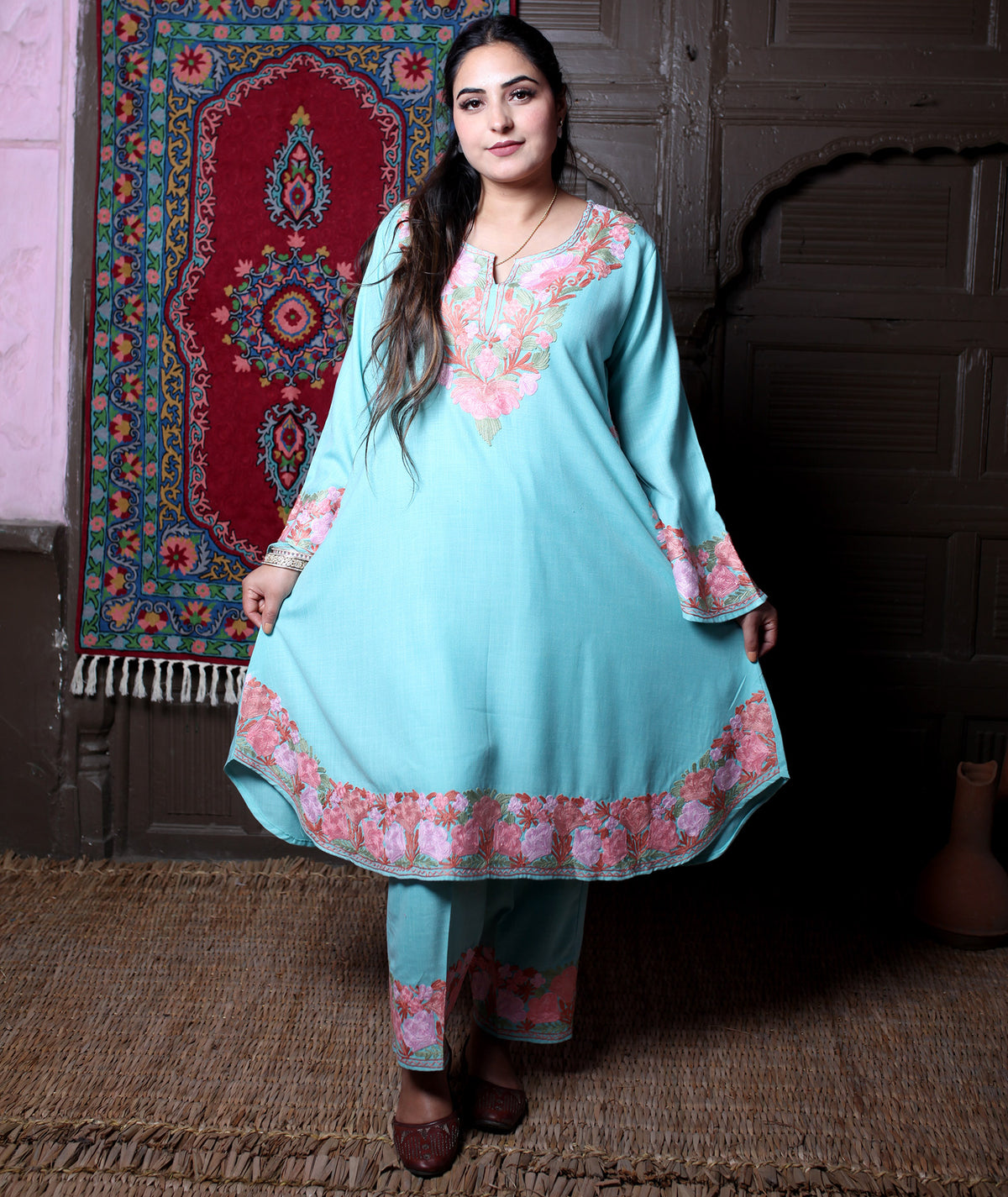 Aqua Aari Embroidered Kashmiri Co-Ord Set
