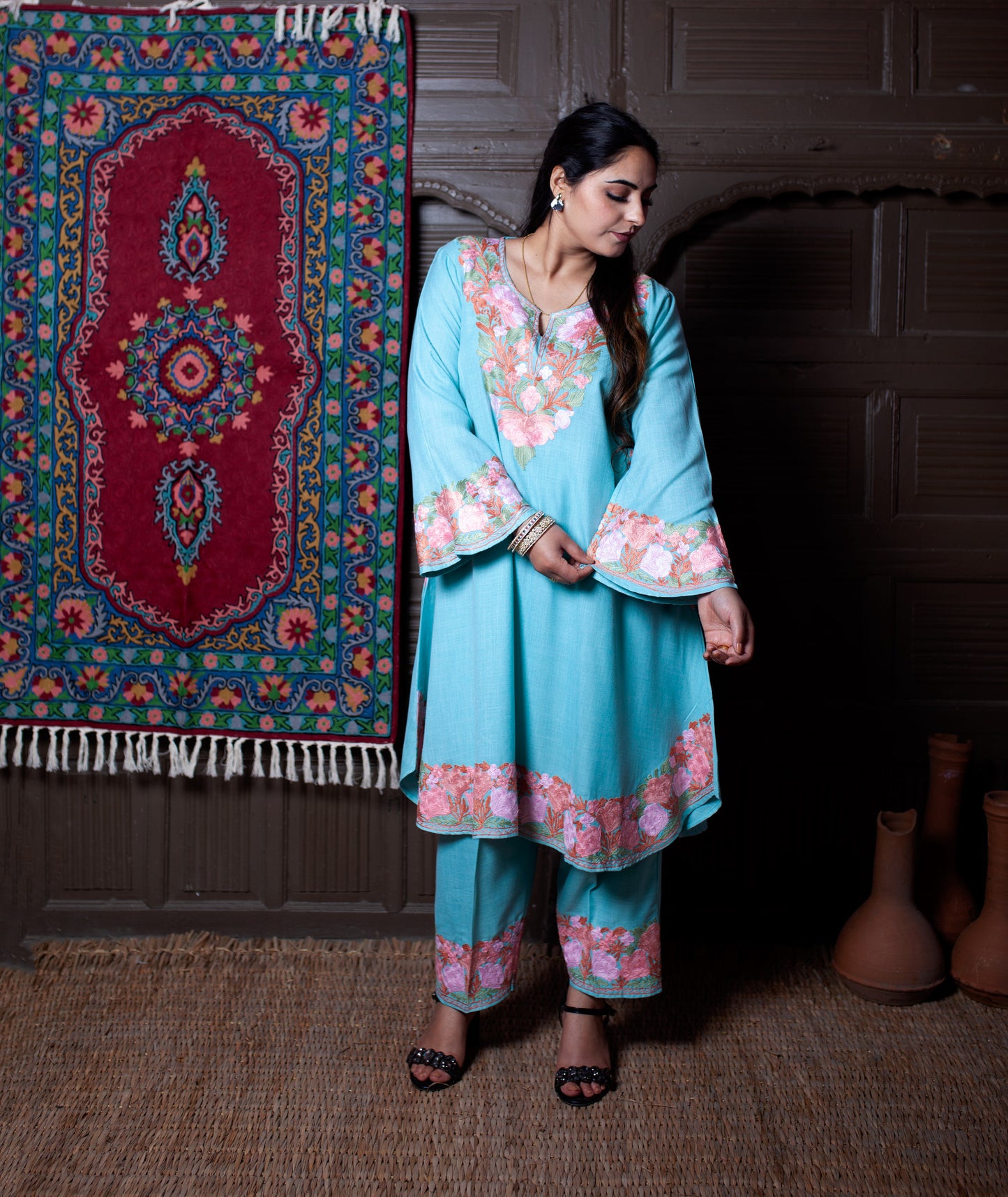 women wear aqua coord set summer