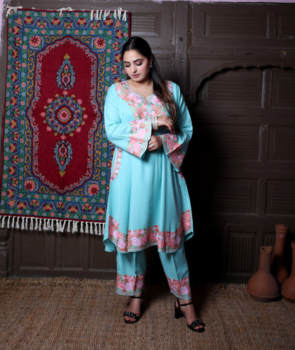 women wear aqua coord set summer