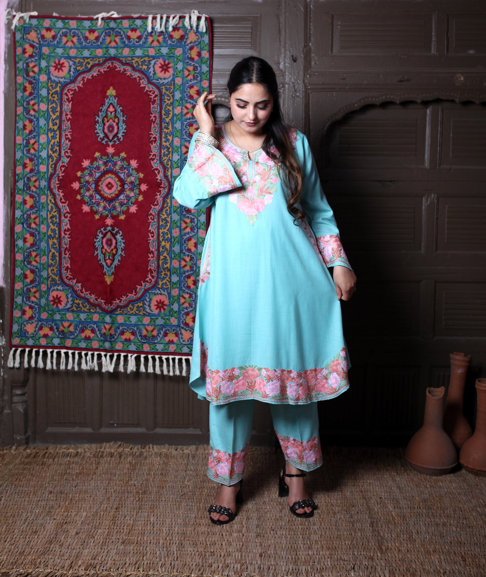 women wear aqua coord set summer