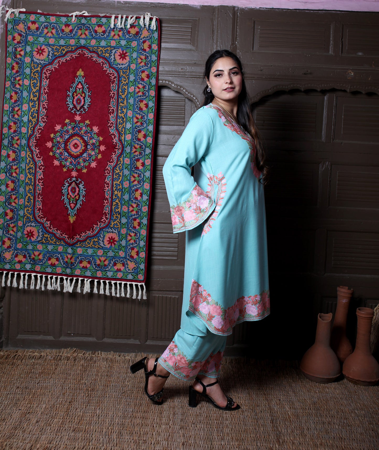 women wear aqua coord set summer