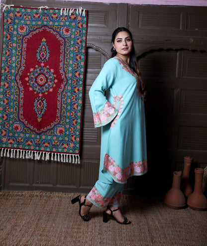 women wear aqua coord set summer