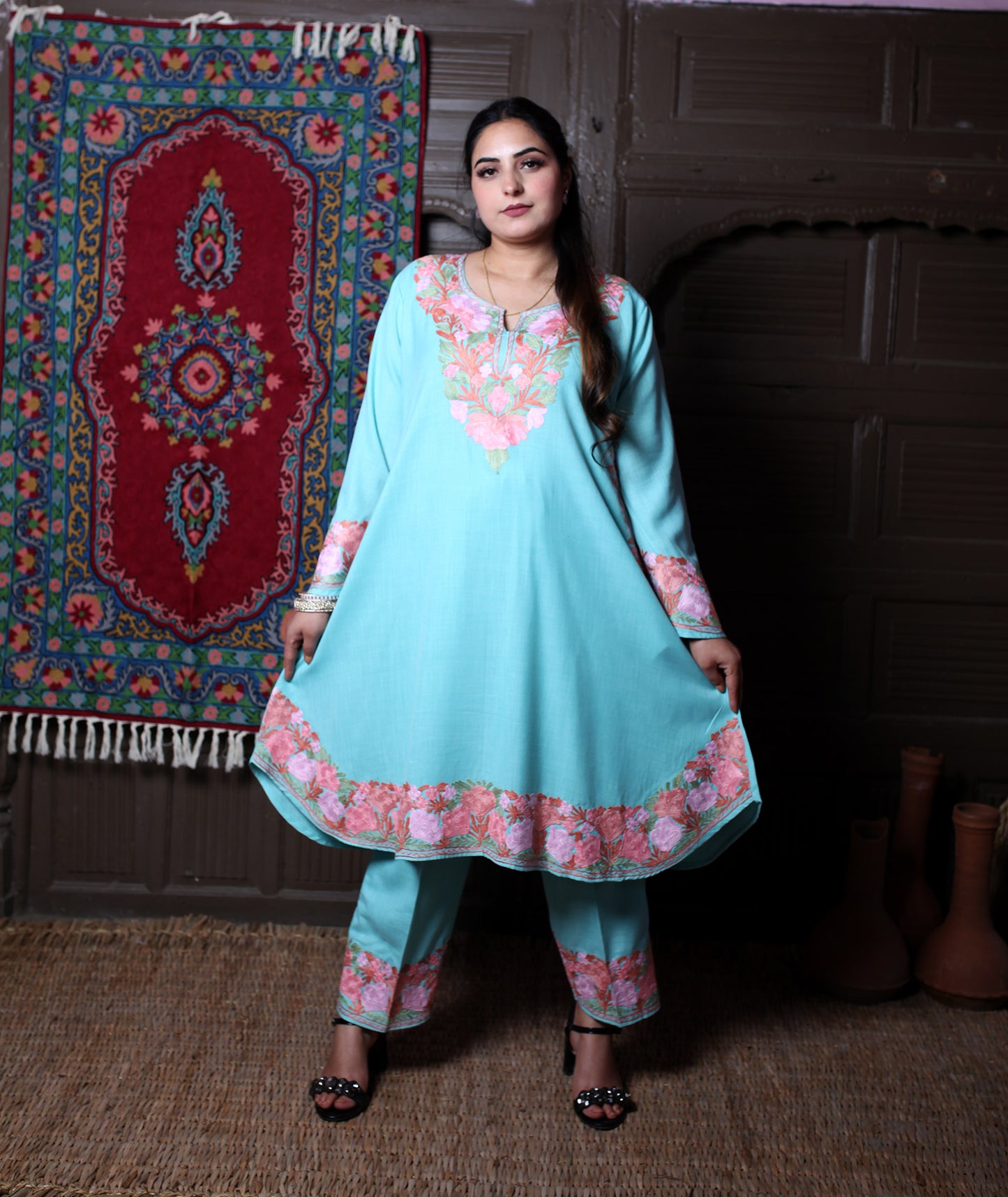women wear aqua coord set summer
