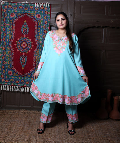 women wear aqua coord set summer