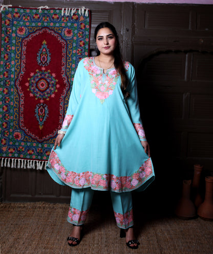 women wear aqua coord set summer