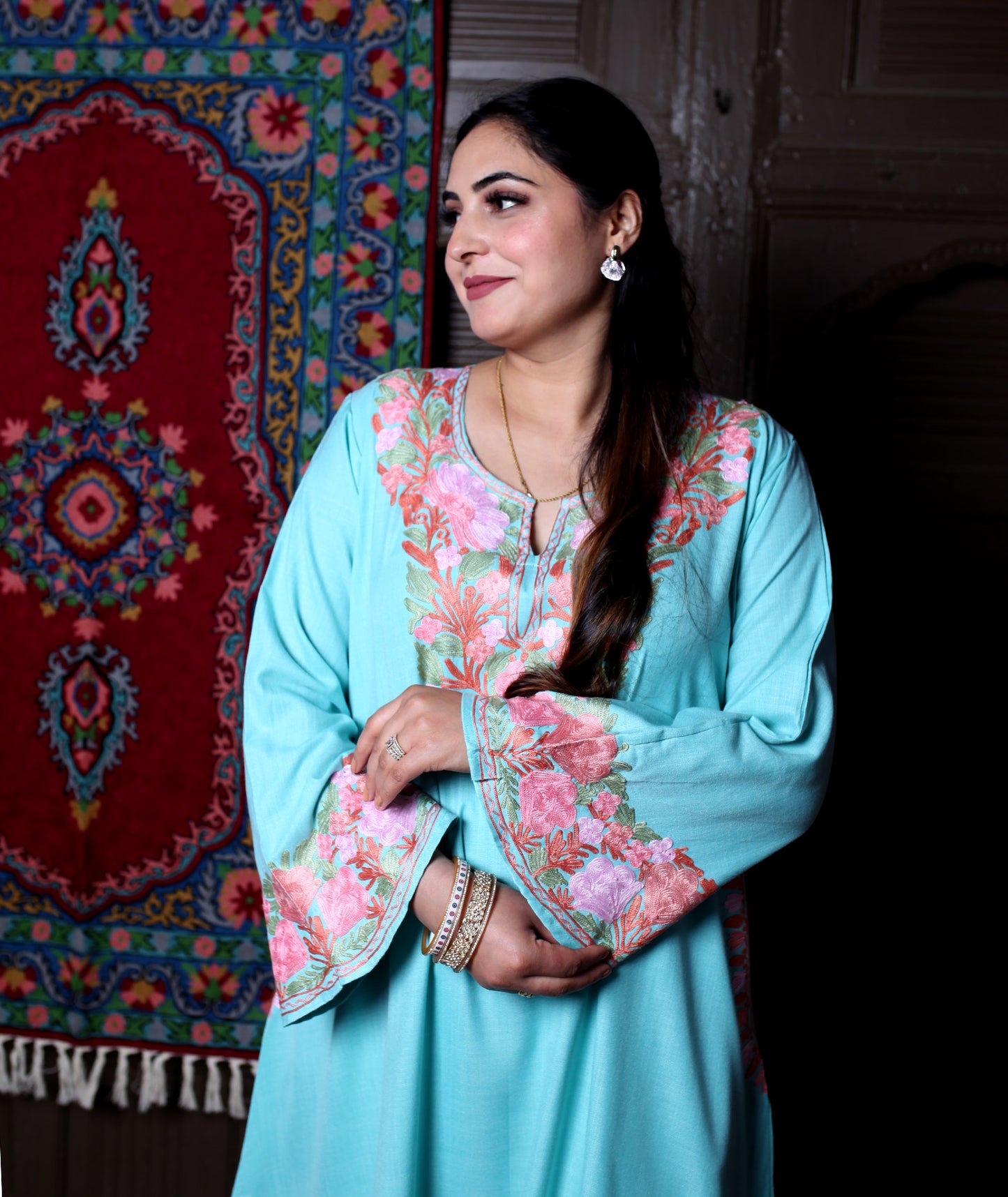 women wear aqua coord set summer