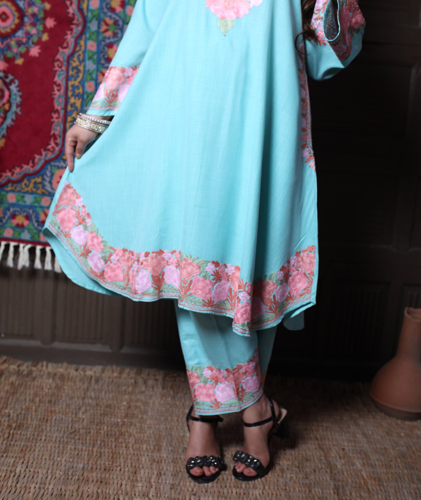 women wear aqua coord set summer
