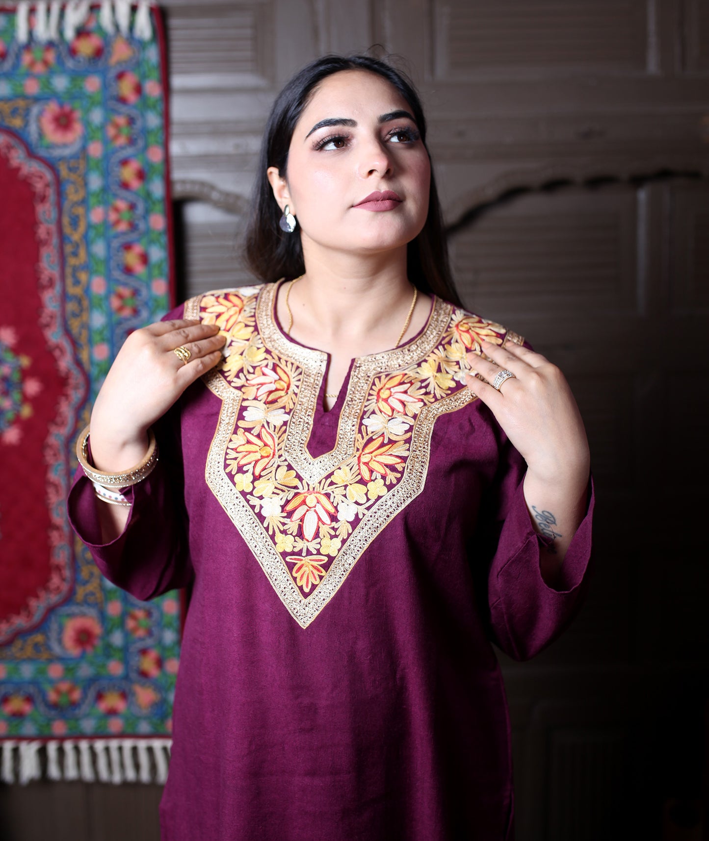 Wine Aari& Zari Embroidered Kashmiri Cotton 3-Piece Suit With Dupatta