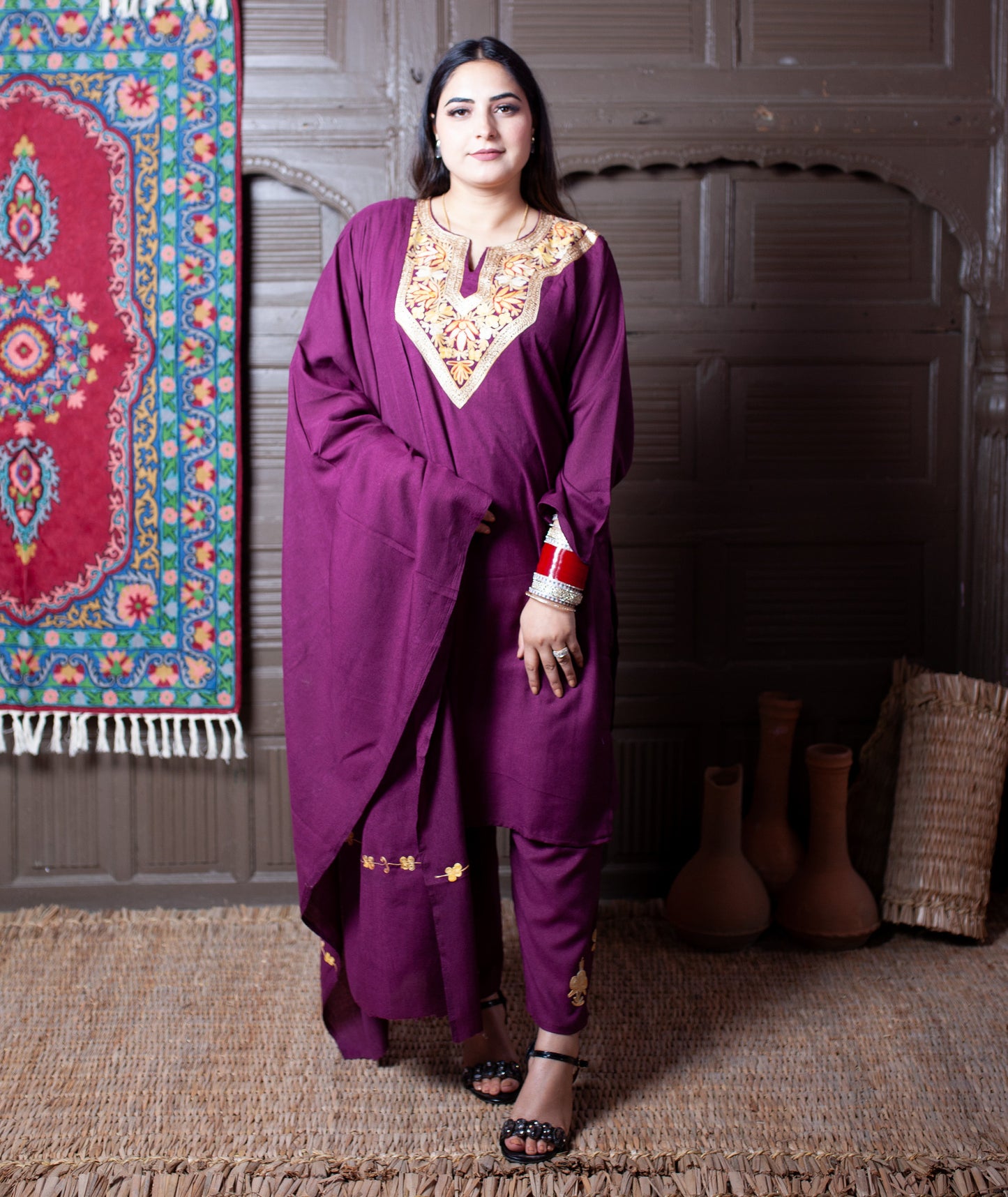 Wine Aari& Zari Embroidered Kashmiri Cotton 3-Piece Suit With Dupatta