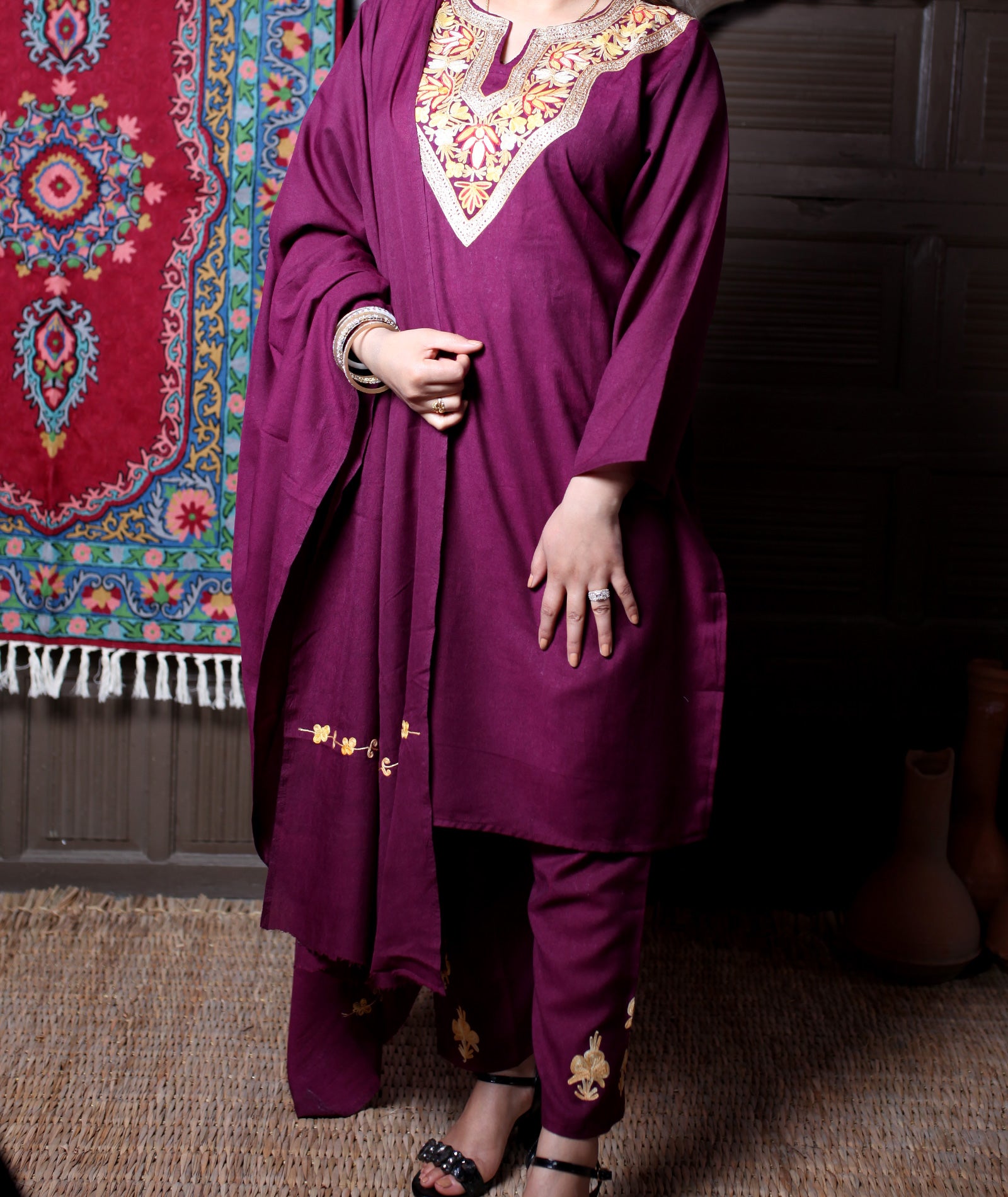Wine Aari& Zari Embroidered Kashmiri Cotton 3-Piece Suit With Dupatta