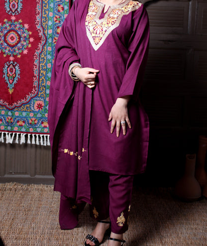 Wine Aari& Zari Embroidered Kashmiri Cotton 3-Piece Suit With Dupatta