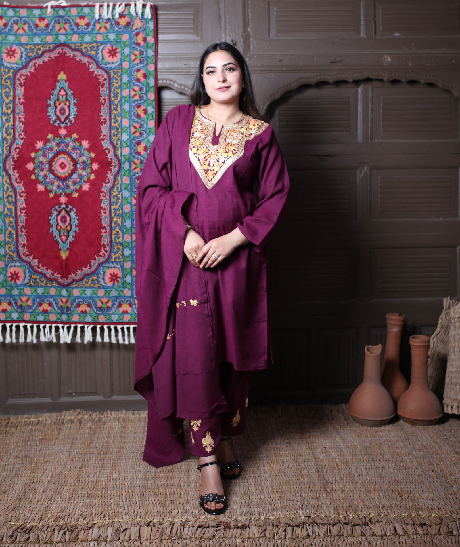Wine Aari& Zari Embroidered Kashmiri Cotton 3-Piece Suit With Dupatta