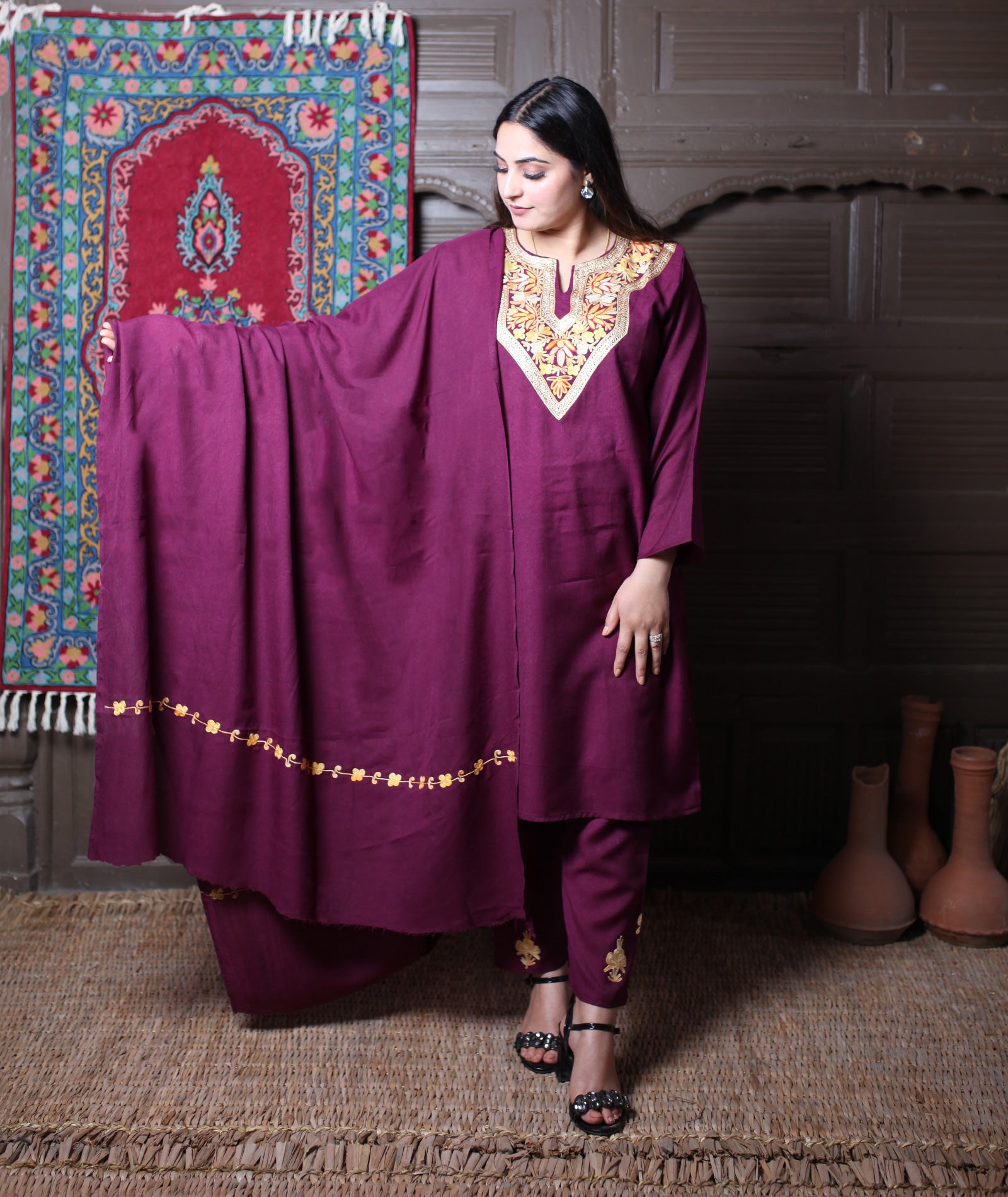 Wine Aari& Zari Embroidered Kashmiri Cotton 3-Piece Suit With Dupatta