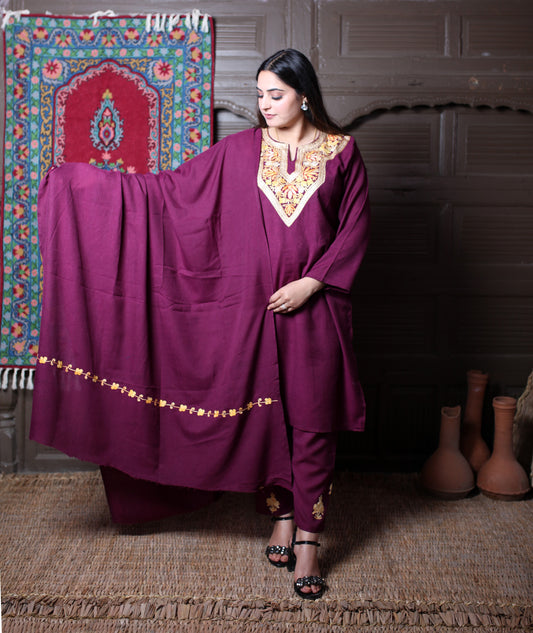Wine Aari& Zari Embroidered Kashmiri Cotton 3-Piece Suit With Dupatta