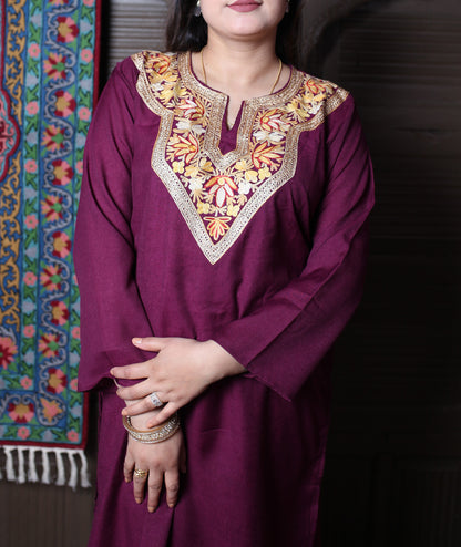 Wine Aari& Zari Embroidered Kashmiri Cotton 3-Piece Suit With Dupatta