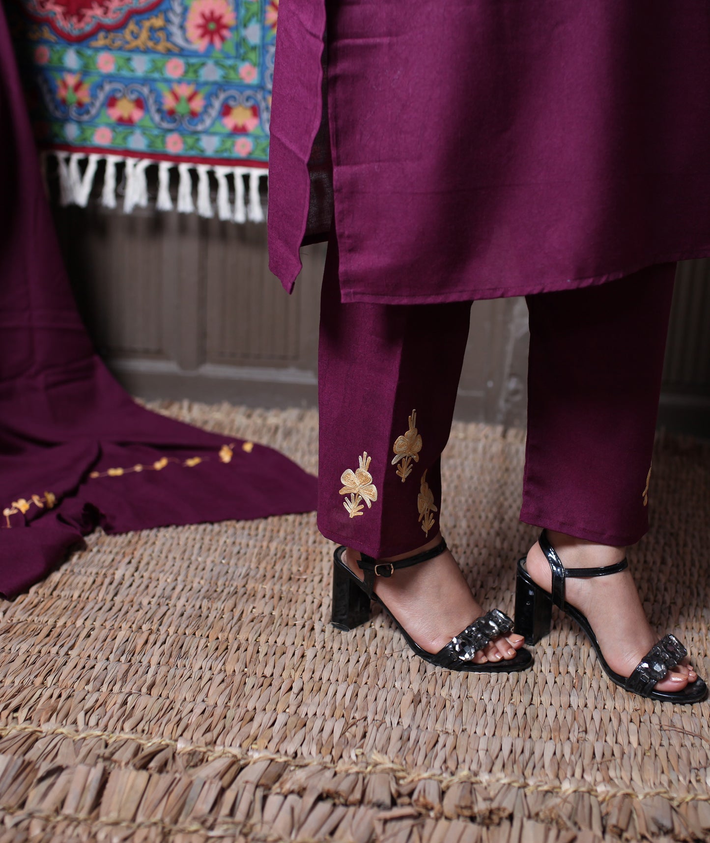Wine Aari& Zari Embroidered Kashmiri Cotton 3-Piece Suit With Dupatta