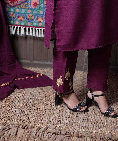 Wine Aari& Zari Embroidered Kashmiri Cotton 3-Piece Suit With Dupatta