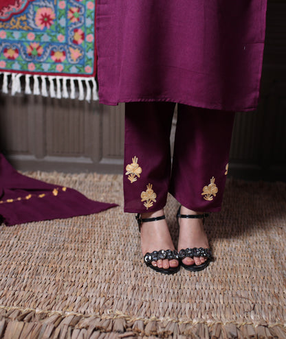 Wine Aari& Zari Embroidered Kashmiri Cotton 3-Piece Suit With Dupatta