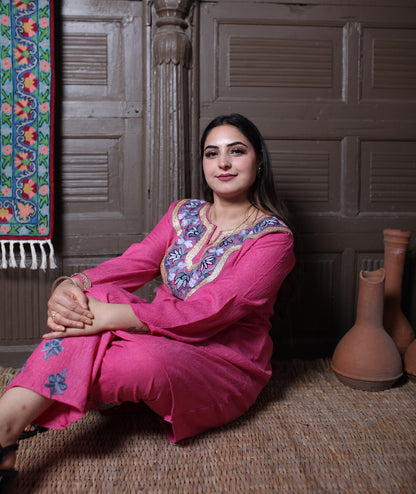 Dusty Pink Zari & Aari Embroidered Kashmiri Cotton Co ord set Suit With Dupatta