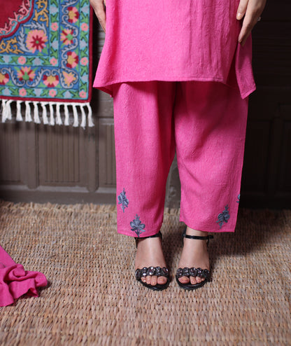Dusty Pink Zari & Aari Embroidered Kashmiri Cotton Co ord set Suit With Dupatta
