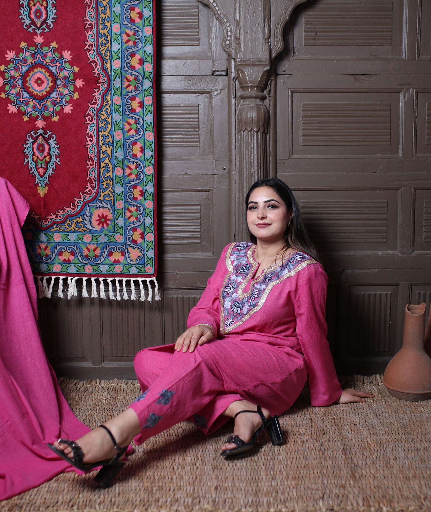 Dusty Pink Zari & Aari Embroidered Kashmiri Cotton Co ord set Suit With Dupatta